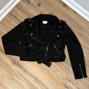 Black Suede Moto Jacket with Belted Hem & Zip Accents | Size M